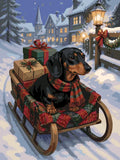 Thumbnail for Dachshund on sled with gifts and snowy village paint by numbers.