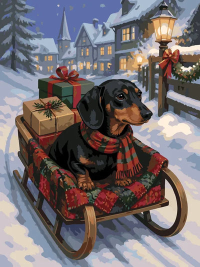 Dachshund on sled with gifts and snowy village paint by numbers.