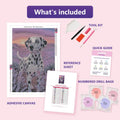 Thumbnail for Dalmatian in Lavender 40x60cm diamond painting kit contents: adhesive canvas, color chart, tools and diamond bags