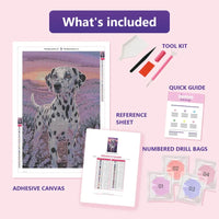 Thumbnail for Dalmatian in Lavender 40x60cm diamond painting kit contents: adhesive canvas, color chart, tools and diamond bags