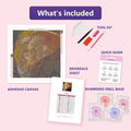 Thumbnail for Danae 50x50cm diamond painting kit contents: adhesive canvas, color chart, tools and diamond bags