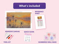 Thumbnail for Dandelions at Sunset 60x40cm diamond painting kit contents: adhesive canvas, color chart, tools and diamond bags