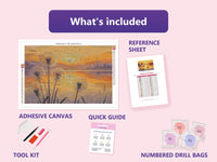 Thumbnail for Dandelions at Sunset 60x40cm diamond painting kit contents: adhesive canvas, color chart, tools and diamond bags