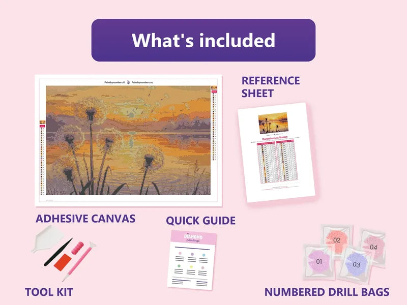 Dandelions at Sunset 60x40cm diamond painting kit contents: adhesive canvas, color chart, tools and diamond bags