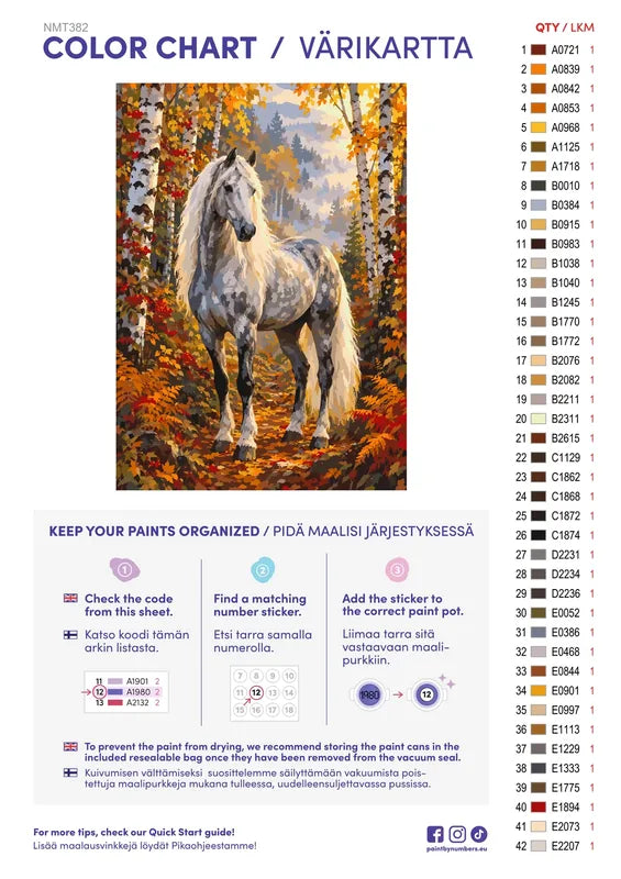 Paint color chart and instructions - Dapple Grey in the Autumn Birches 50x70cm
