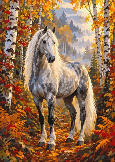 White horse in autumn forest paint by numbers