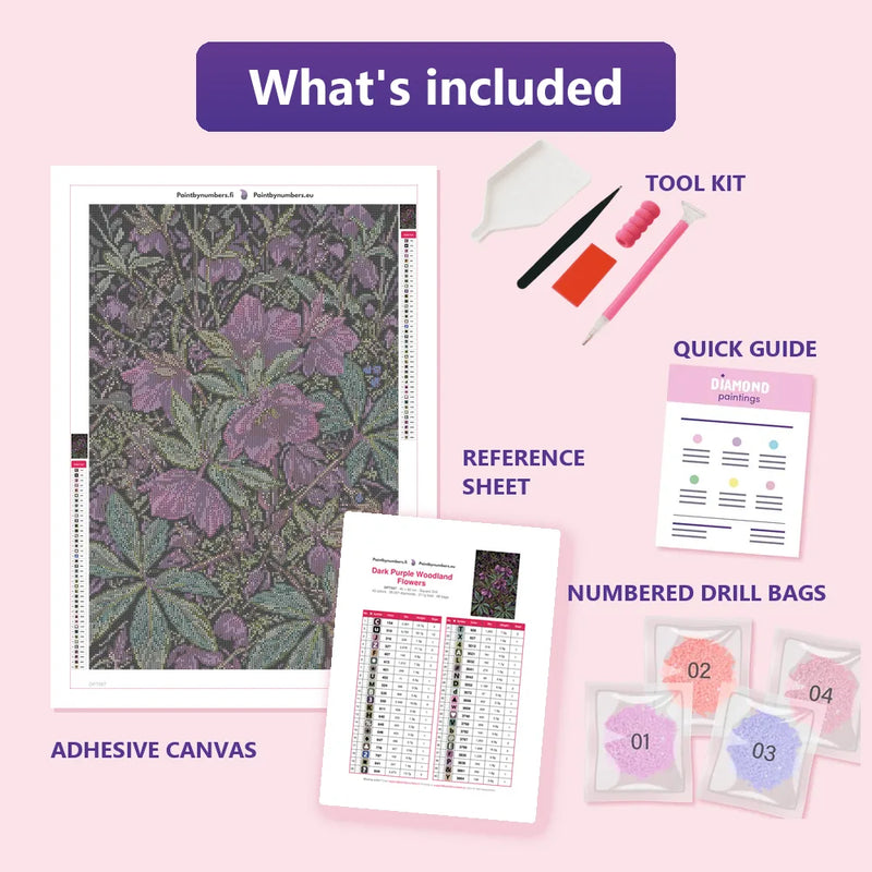 What is included in the Dark Purple Woodland Flowers diamond painting kit - adhesive canvas, reference sheet, tools and numbered drill bags