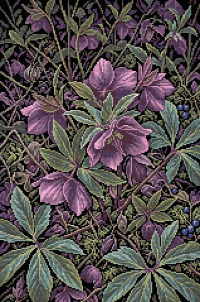Diamond painting-motiv med mörklila skogsblommor, gröna blad och små blå bär