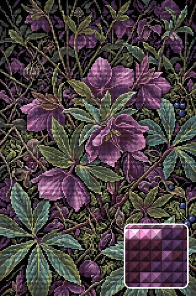 Dark Purple Woodland Flowers, 40x60 cm diamond painting – finished design preview with a close-up of square drills