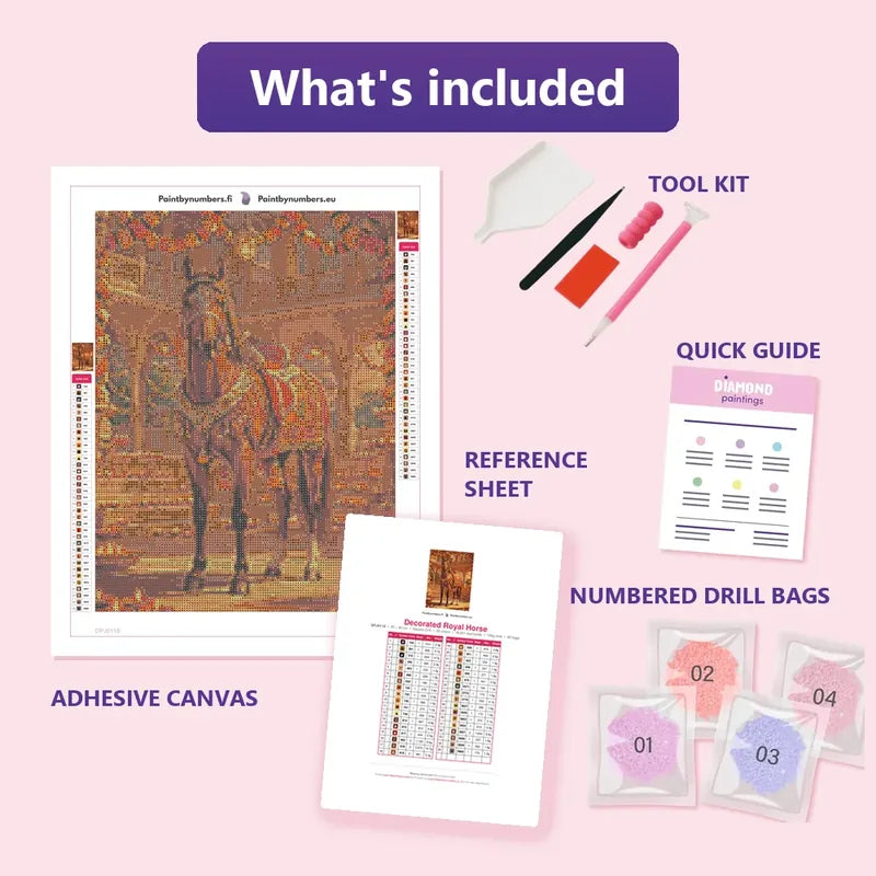 Decorated Royal Horse 30x40cm diamond painting kit contents: adhesive canvas, color chart, tools and diamond bags