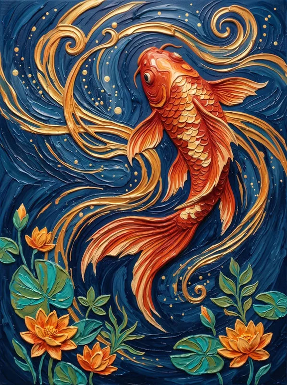 Diamond Painting featuring a golden koi fish among swirling water and lotus flowers.