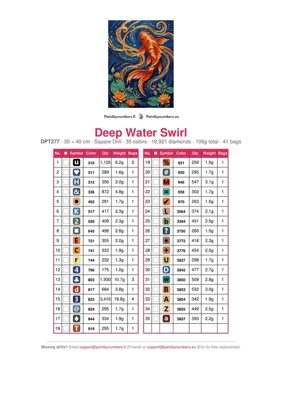 DMC color chart for Deep Water Swirl diamond painting - 35 colors