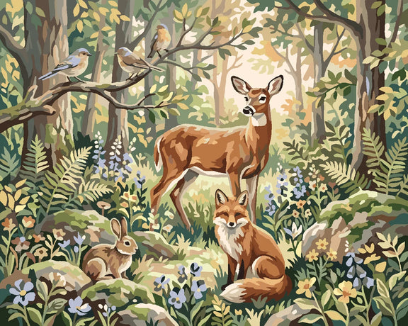 Deer, fox, rabbit, and birds in the forest Paint By Numbers.
