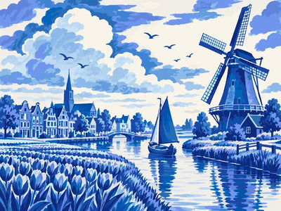 Dutch windmill, sailboat and tulip field paint by numbers.
