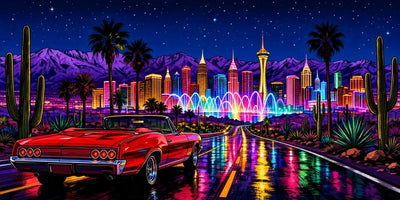 Diamond painting of a neon-colored car, city skyline, and night sky in the desert.