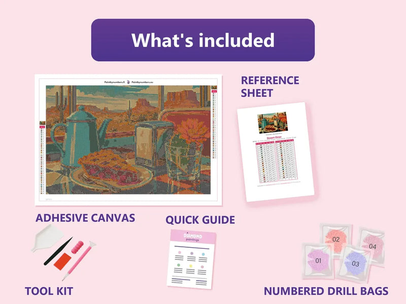 Desert Diner 60x40cm diamond painting kit contents: adhesive canvas, color chart, tools, and diamond bags
