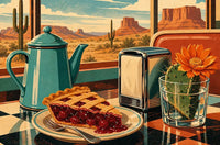 Thumbnail for Diamond painting of a retro diner table, cherry pie, and a desert landscape.