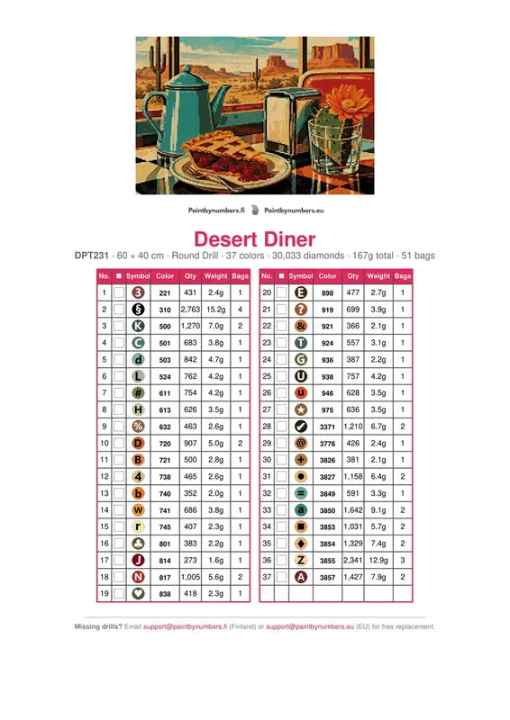 Desert Diner diamond painting color chart – 37 DMC colors