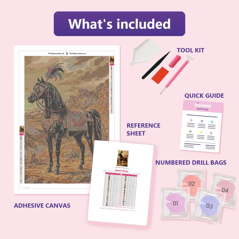 What is included in the Desert Horse diamond painting kit - adhesive canvas, reference sheet, tools and numbered drill bags