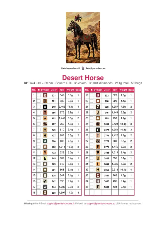 DMC color chart for Desert Horse diamond painting - 35 colors