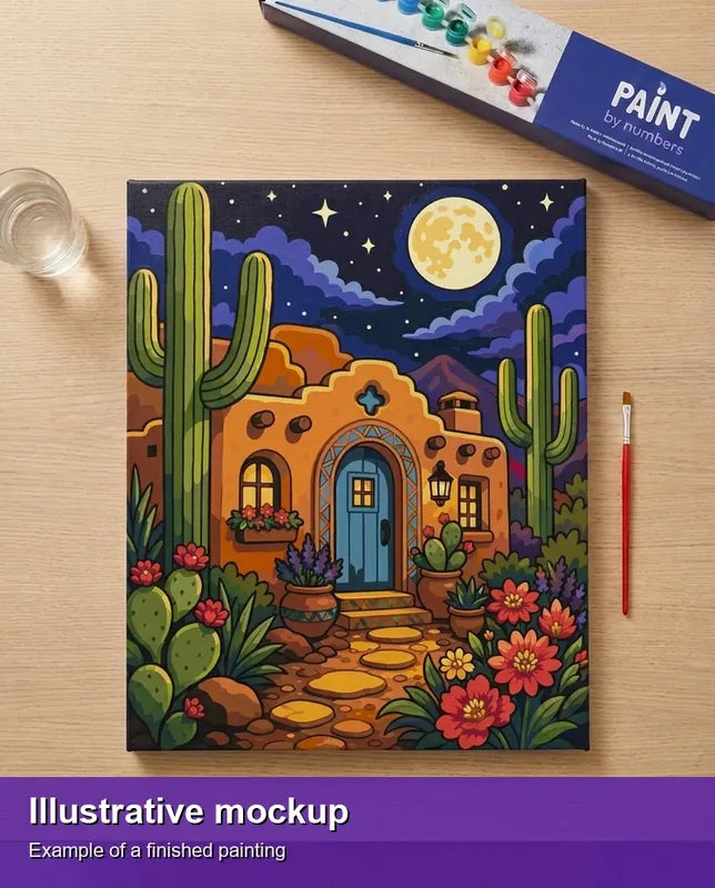 Finished paint by numbers mockup - Desert House and Cacti 40x50cm