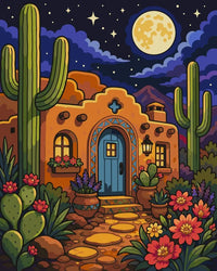 Thumbnail for Desert house, cacti, and flowers in the moonlight Paint By Numbers.