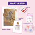 Thumbnail for Desert Stallion 20x30cm diamond painting kit contents: adhesive canvas, color chart, tools and diamond bags