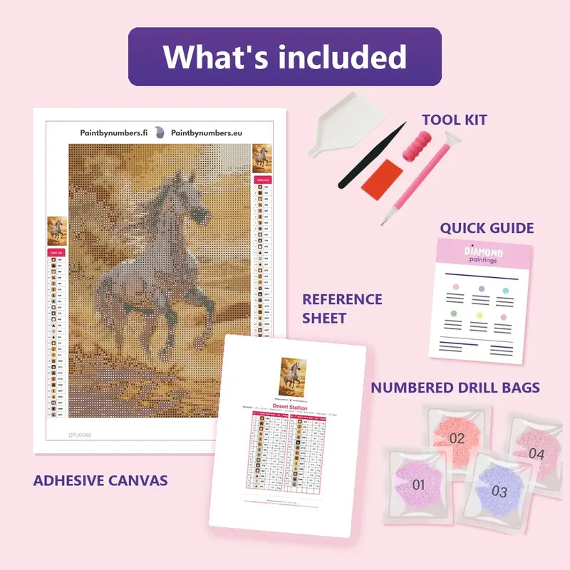 Desert Stallion 20x30cm diamond painting kit contents: adhesive canvas, color chart, tools and diamond bags
