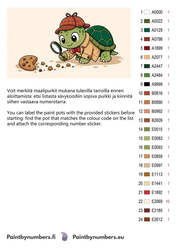 Color chart and instructions - Detective Turtle Illustration 70x40cm