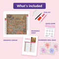 Thumbnail for What is included in the Dewy Spiderweb over the Pumpkin Patch diamond painting kit - adhesive canvas, reference sheet, tools and numbered drill bags