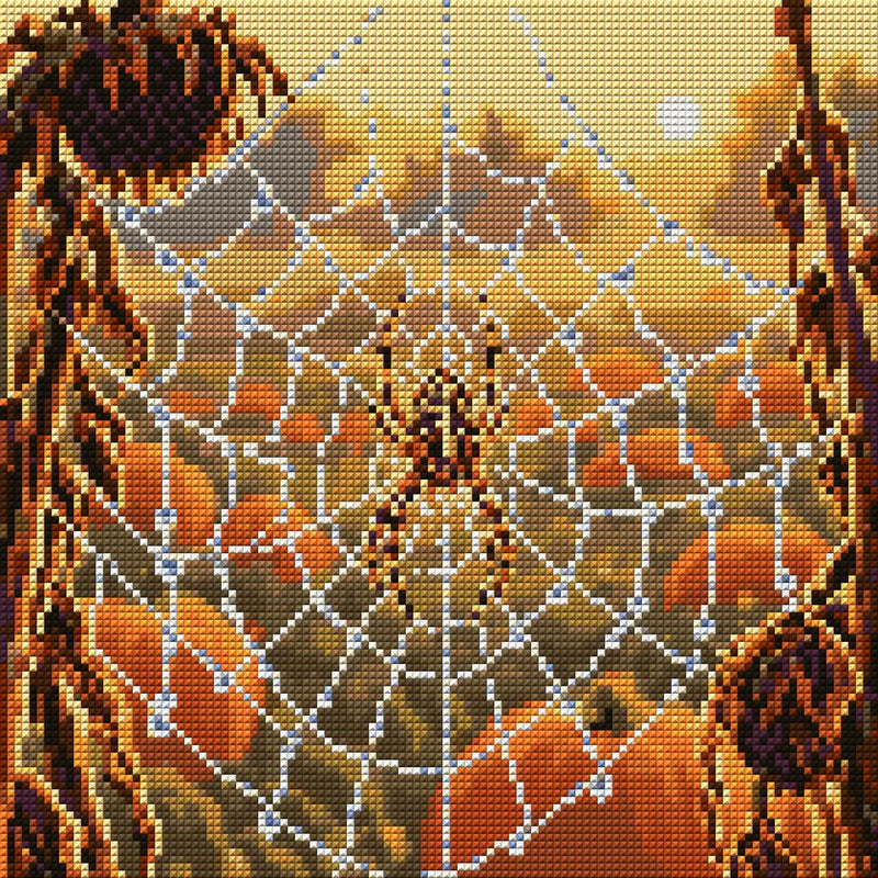 dewy spider web with a garden spider over a pumpkin patch, 30x30 cm diamond painting – full design preview