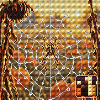 dewy spider web with a garden spider over a pumpkin patch, 30x30 cm diamond painting – design and close-up of square drills