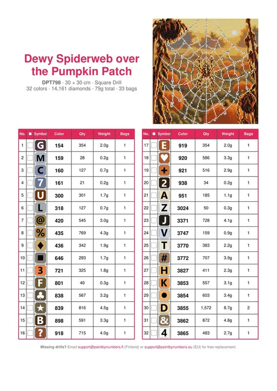 DMC color chart for Dewy Spiderweb over the Pumpkin Patch diamond painting - 32 colors