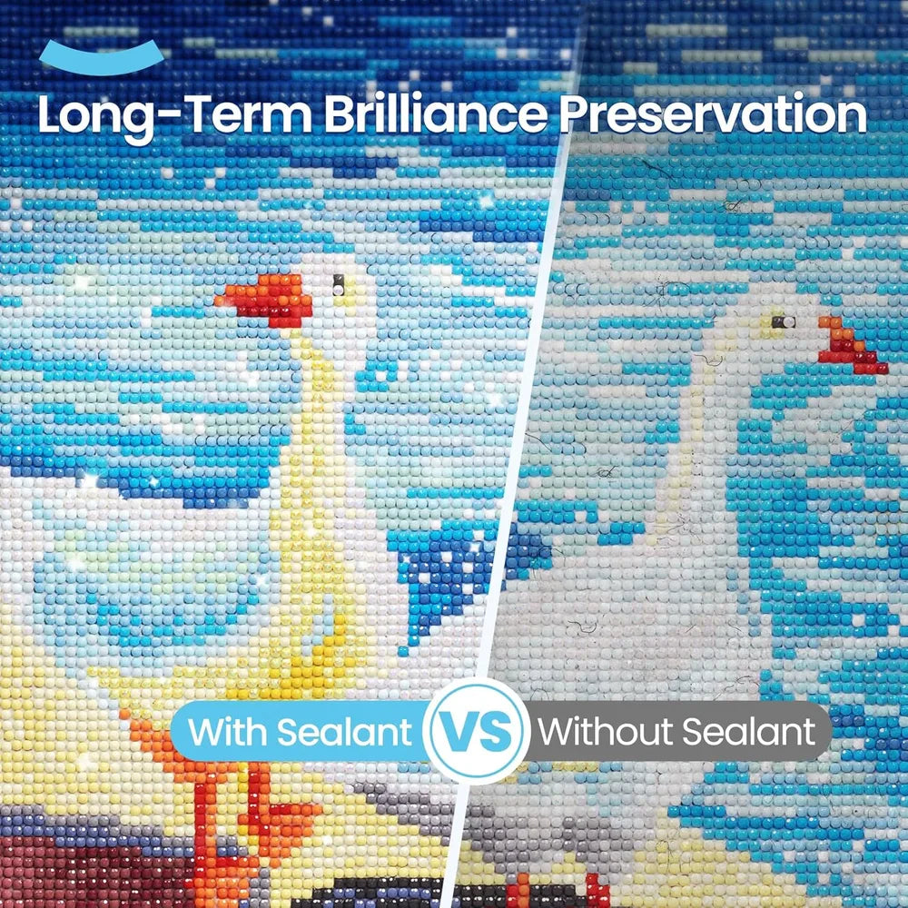 Vertailukuva: timanttimaalaus lakalla versus ilman lakkaa – kirkkaampi ja kiiltävämpi lopputulos.