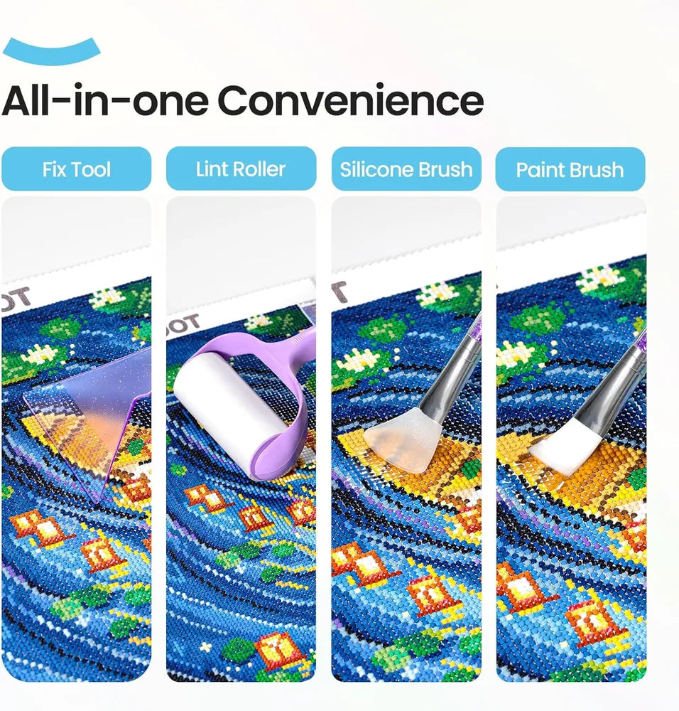 Korjaustyökalu, nukkarulla, silikonisivellin ja maalisivellin diamond painting -lakan levitykseen.