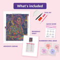 Thumbnail for What is included in the Digital Artist diamond painting kit - adhesive canvas, reference sheet, tools and numbered drill bags