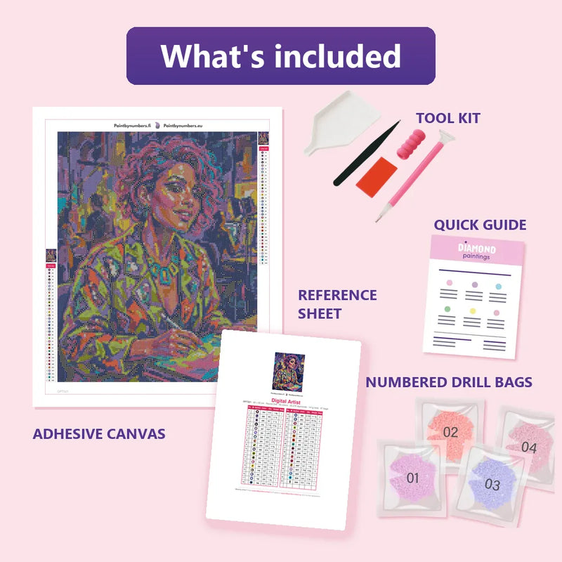 What is included in the Digital Artist diamond painting kit - adhesive canvas, reference sheet, tools and numbered drill bags