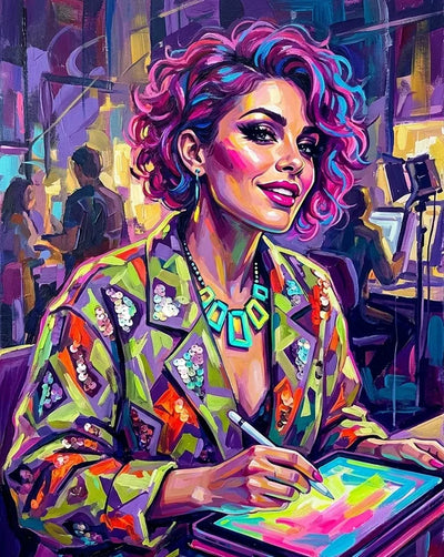 Diamond Painting of a colorful woman drawing on a digital device in neon hues.