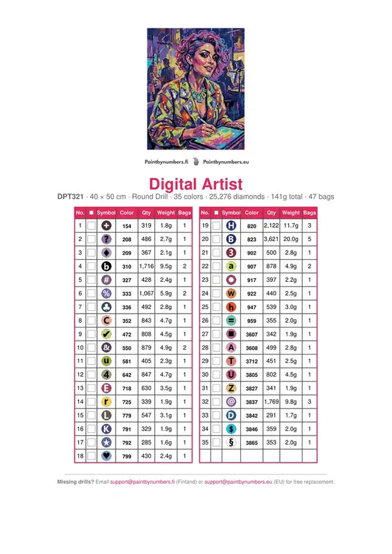 DMC color chart for Digital Artist diamond painting - 35 colors