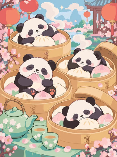 Three baby pandas in bamboo steamers, paint by numbers, pastel colors.