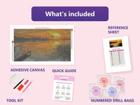 Thumbnail for Dockside Lantern 70x40cm diamond painting kit contents: adhesive canvas, color chart, tools and diamond bags
