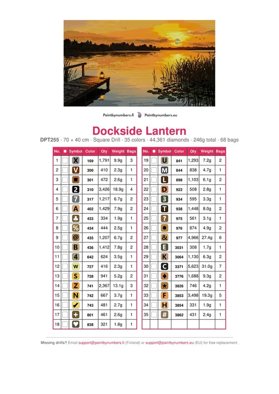 Dockside Lantern diamond painting color chart – 35 DMC colors