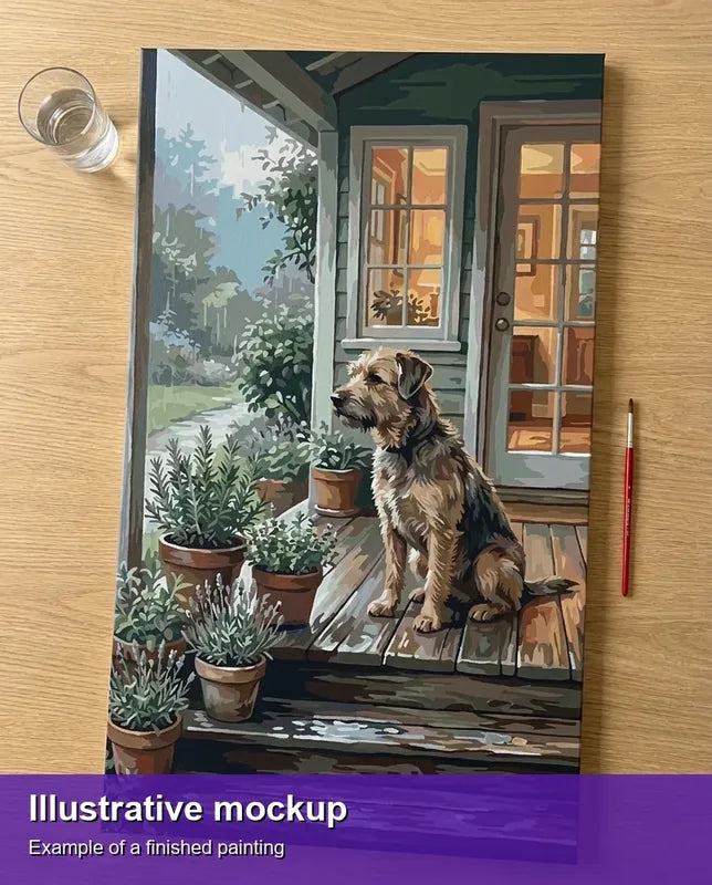 Finished paint by numbers mockup - Dog on Porch Steps 40x70cm