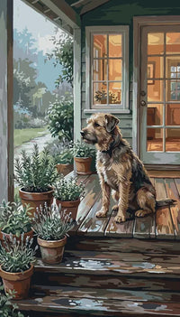 Thumbnail for Dog sitting on wooden porch steps among potted plants paint by numbers.