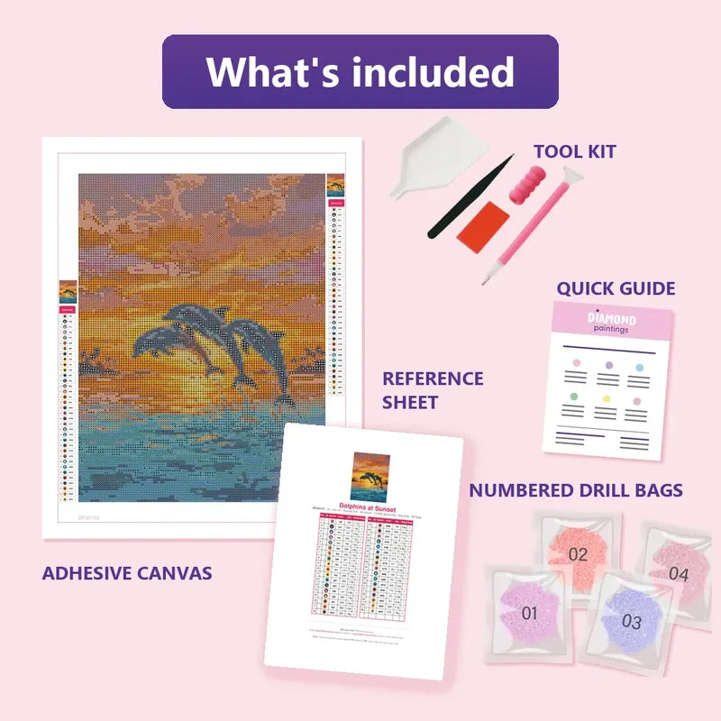 Dolphins at Sunset 30x40cm diamond painting kit contents: adhesive canvas, color chart, tools and diamond bags