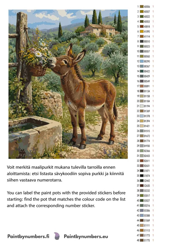 Paint color chart and instructions - Donkey at Well 40x50cm