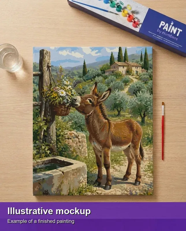 Finished paint by numbers mockup - Donkey at Well 40x50cm