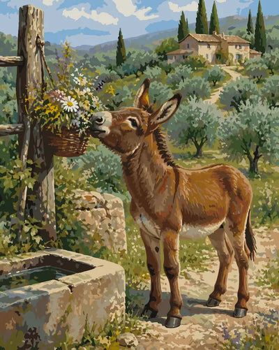 Donkey at a stone well in a rural landscape paint by numbers.