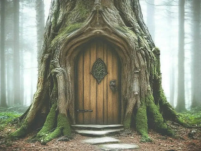 Doorway diamond painting: fairy door at the base of a mossy tree in a misty forest