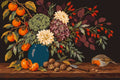 Thumbnail for Paint by numbers of an autumn bouquet in a blue vase with persimmons, walnuts and a robin on a wooden table.